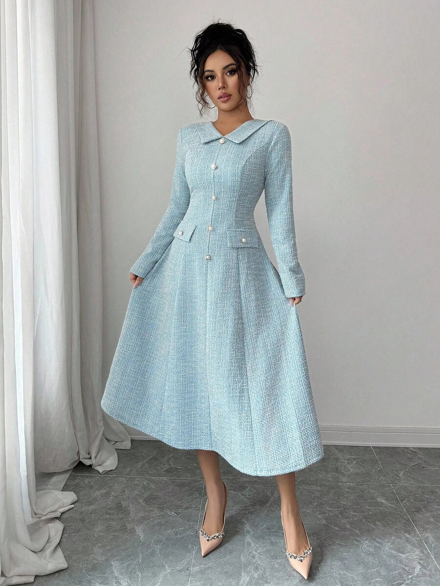 SHEIN Elenzga فستان أزرق-أخضر بياقة وأزرار لؤلؤ