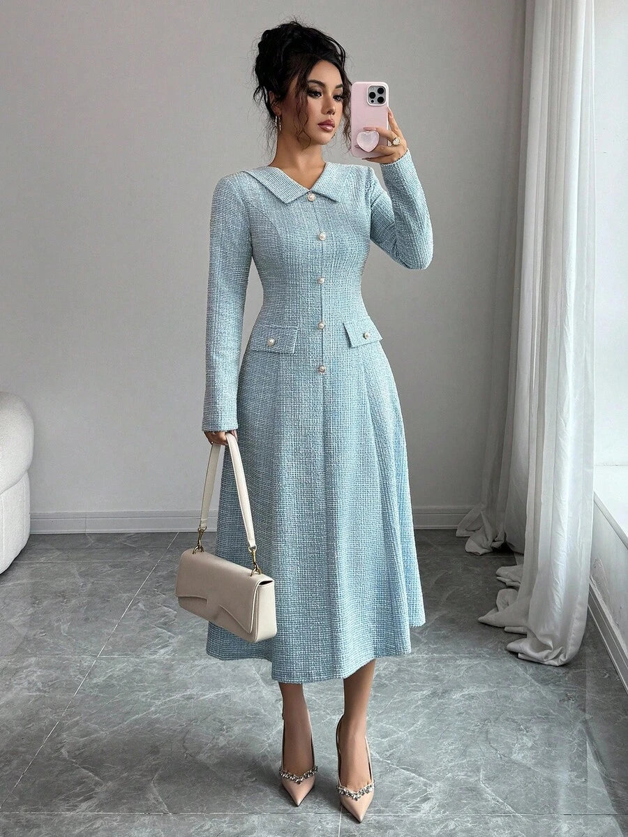 SHEIN Elenzga فستان أزرق-أخضر بياقة وأزرار لؤلؤ