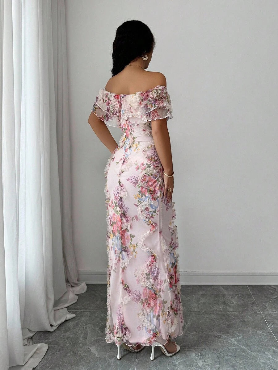 SHEIN Elenzga فستان ضيق بأكتاف مكشوفة وقماش شبكي زهري