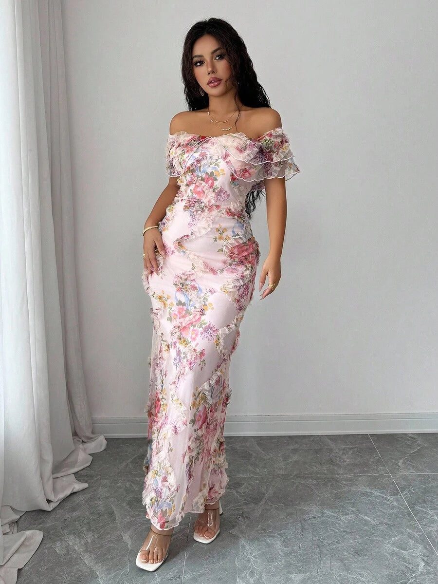 SHEIN Elenzga فستان ضيق بأكتاف مكشوفة وقماش شبكي زهري