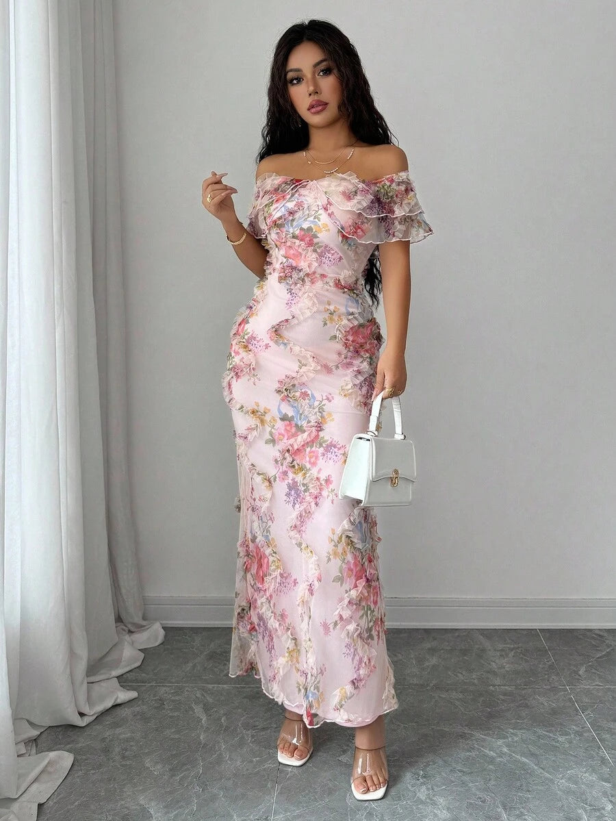 SHEIN Elenzga فستان ضيق بأكتاف مكشوفة وقماش شبكي زهري