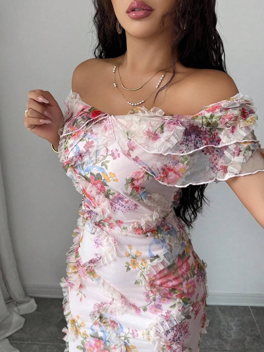 SHEIN Elenzga فستان ضيق بأكتاف مكشوفة وقماش شبكي زهري