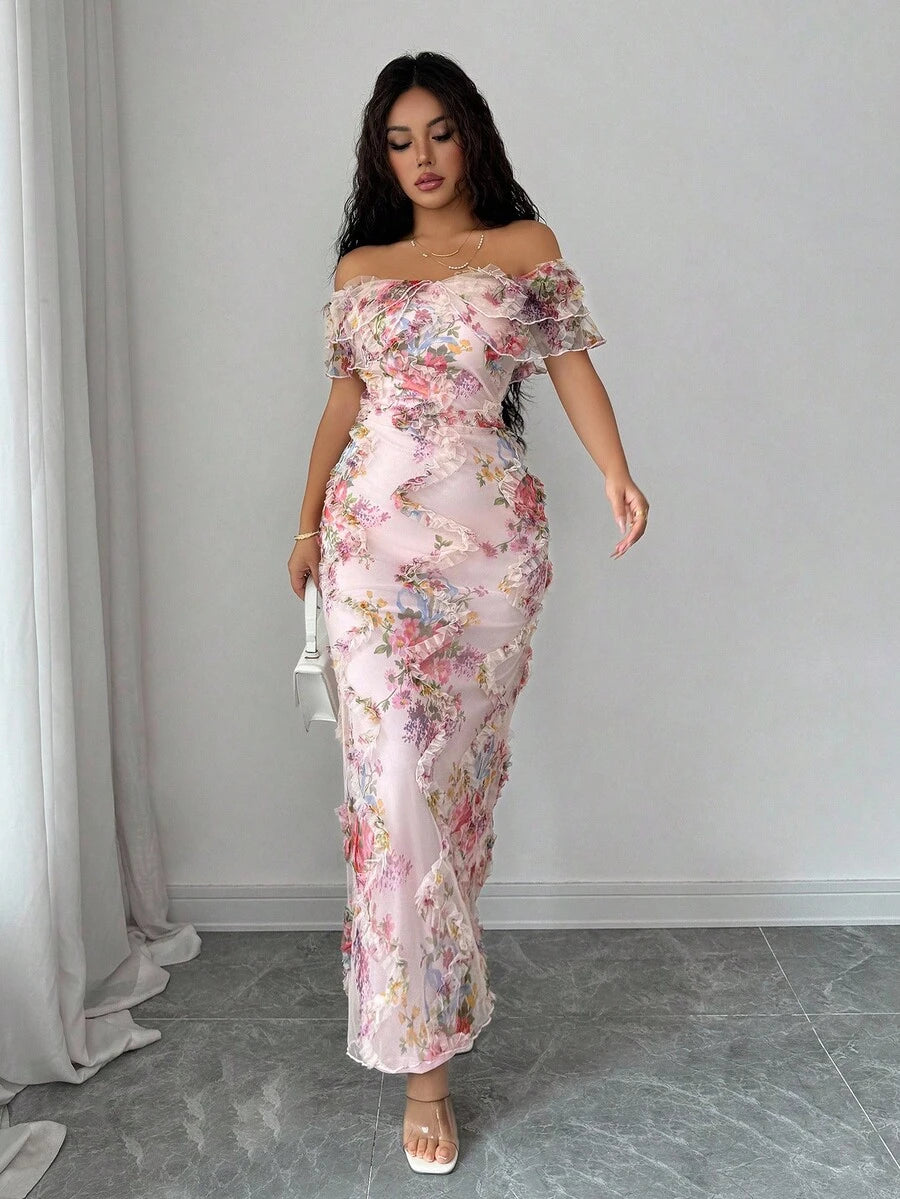 SHEIN Elenzga فستان ضيق بأكتاف مكشوفة وقماش شبكي زهري