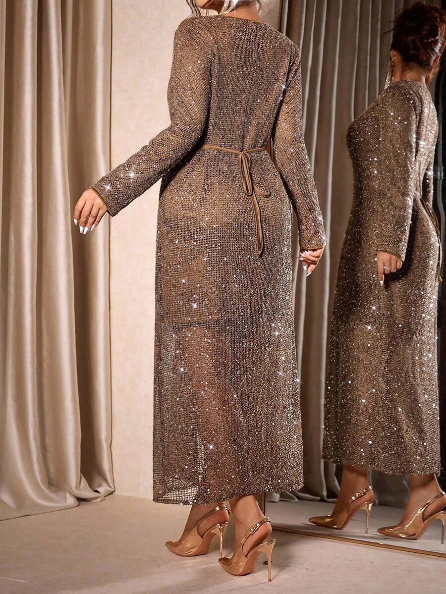 SHEIN Clasi فستان بني بترتر مفرغ بأكمام طويلة