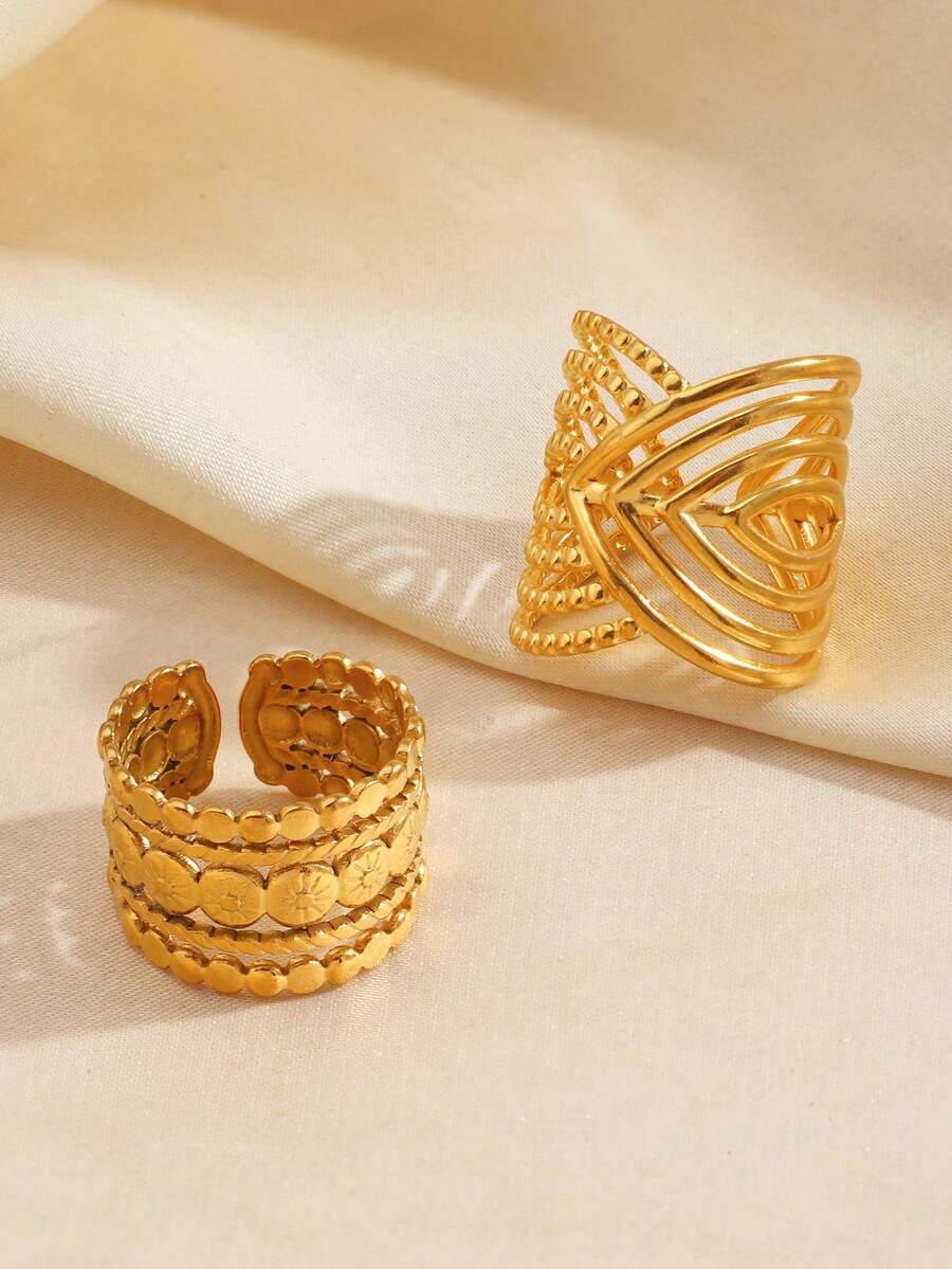 SHEIN طقم 2 خاتم ستانلس ستيل بتصميم هندسي