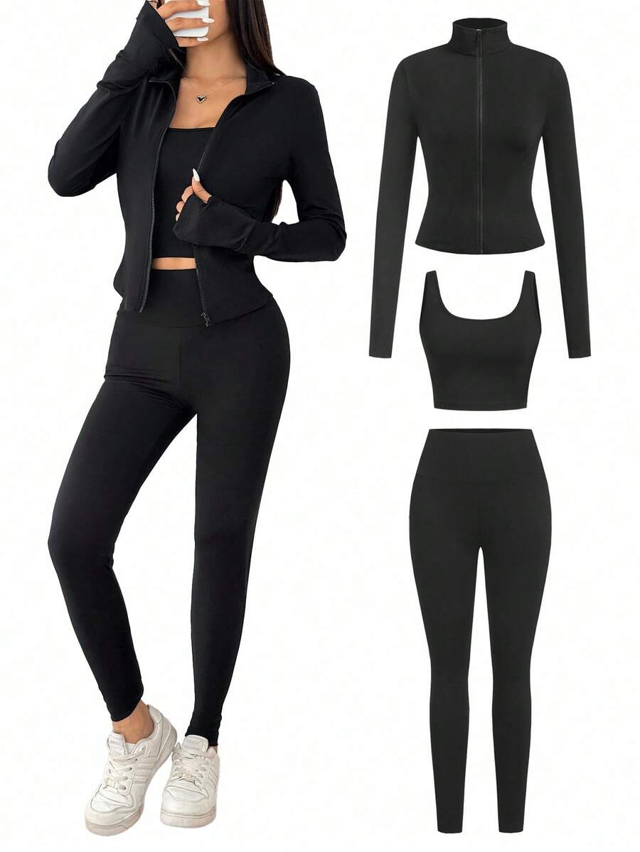 SHEIN EZwear طقم رياضي 3 قطع كاردجان أسود وبلوزة كامسول وبنطلون