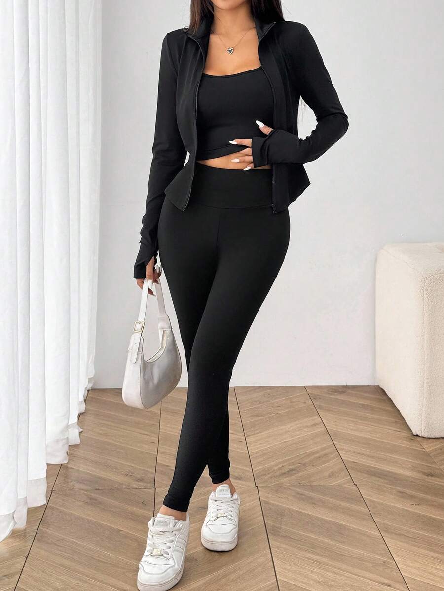SHEIN EZwear طقم رياضي 3 قطع كاردجان أسود وبلوزة كامسول وبنطلون