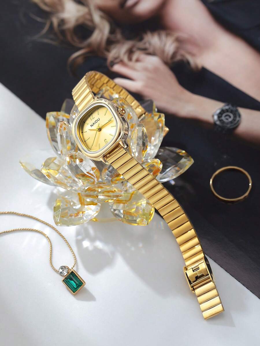 SHEIN ساعة نسائية عصرية كاجوال باللون الذهبي