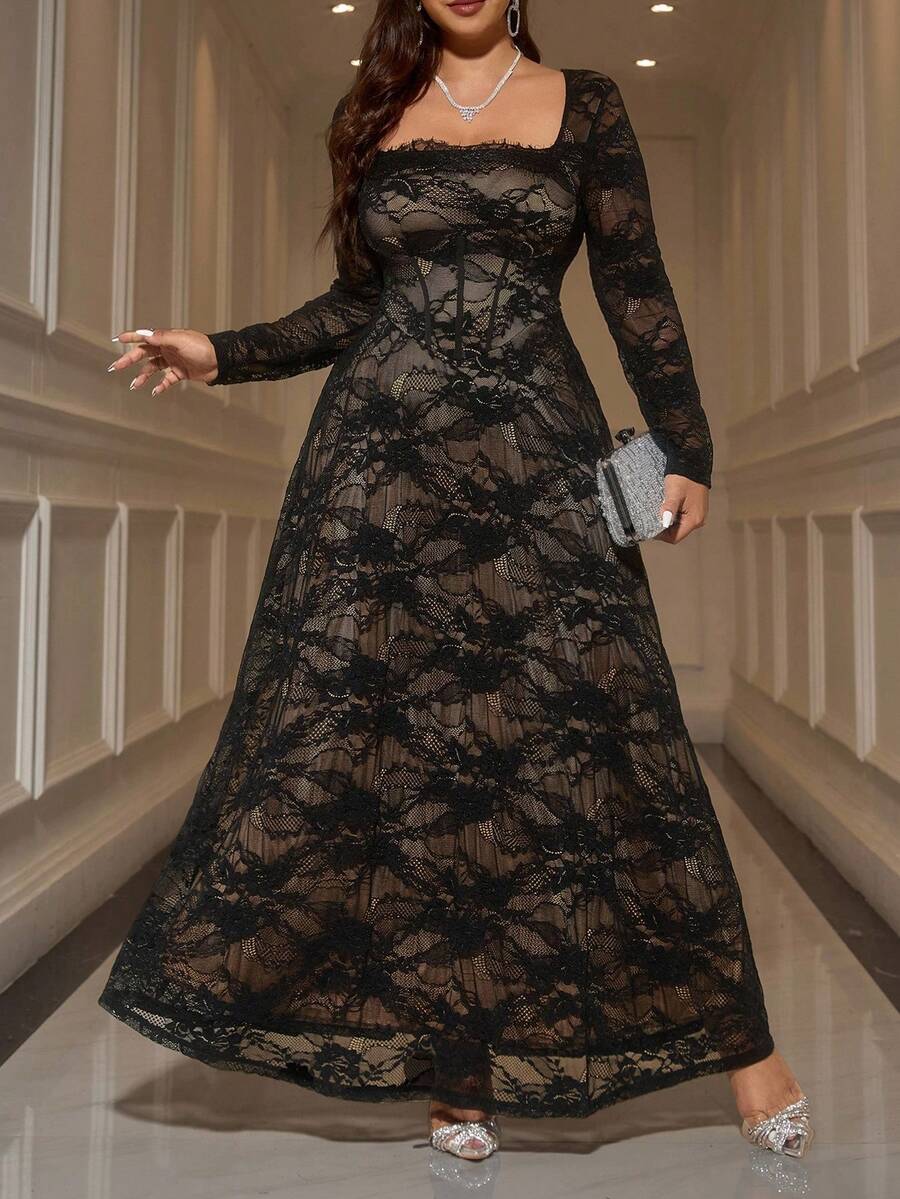 SHEIN Reflora فستان سهرة طويل أسود للمقاسات الكبيرة من الدانتيل بياقة مربعة