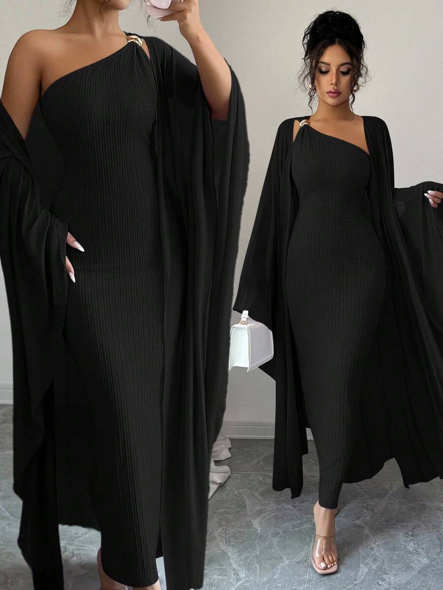 SHEIN Elenzga طقم فستان اسود وكاب جاكارد بأزرار معدنية