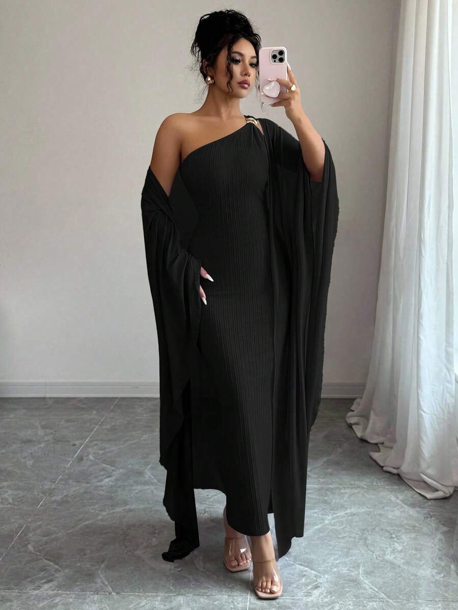 SHEIN Elenzga طقم فستان اسود وكاب جاكارد بأزرار معدنية