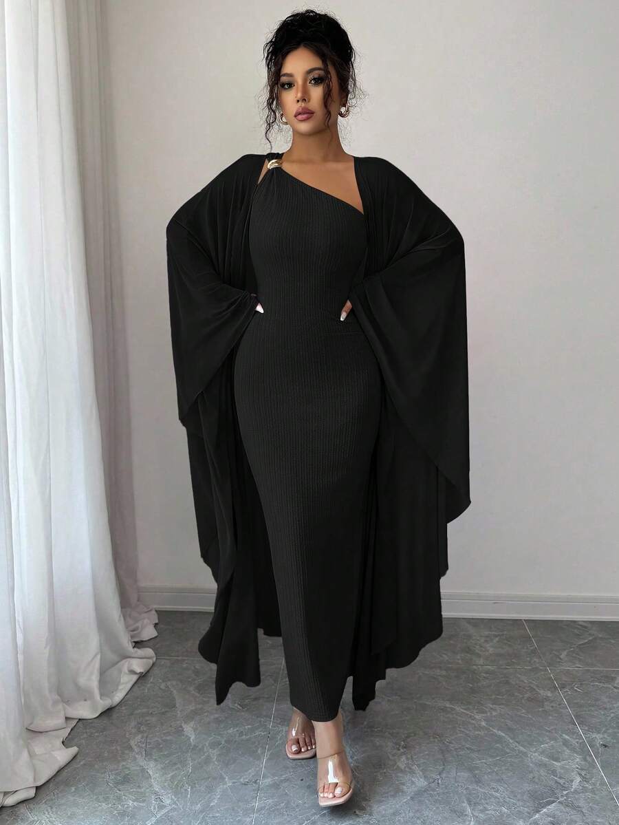 SHEIN Elenzga طقم فستان اسود وكاب جاكارد بأزرار معدنية