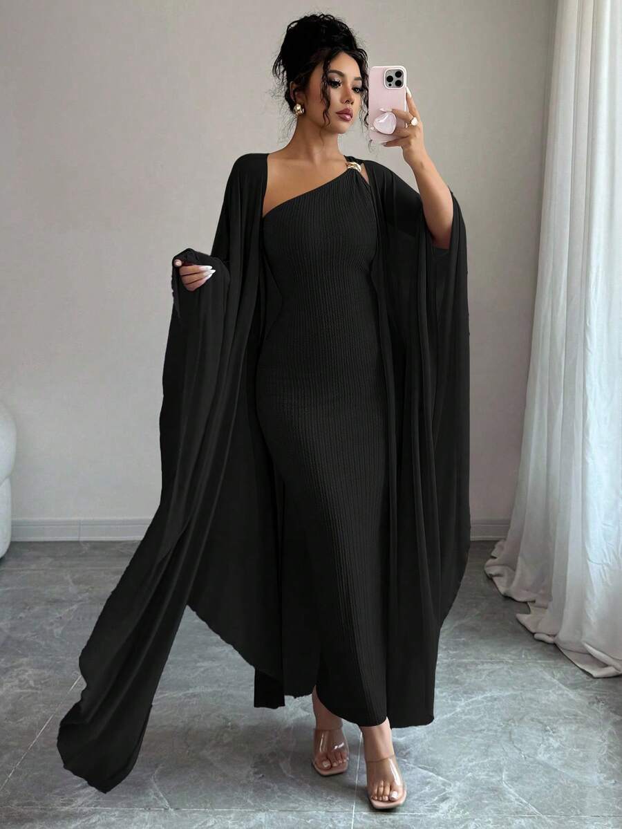 SHEIN Elenzga طقم فستان اسود وكاب جاكارد بأزرار معدنية