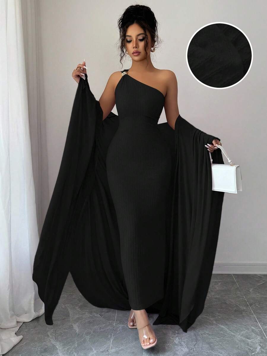 SHEIN Elenzga طقم فستان اسود وكاب جاكارد بأزرار معدنية