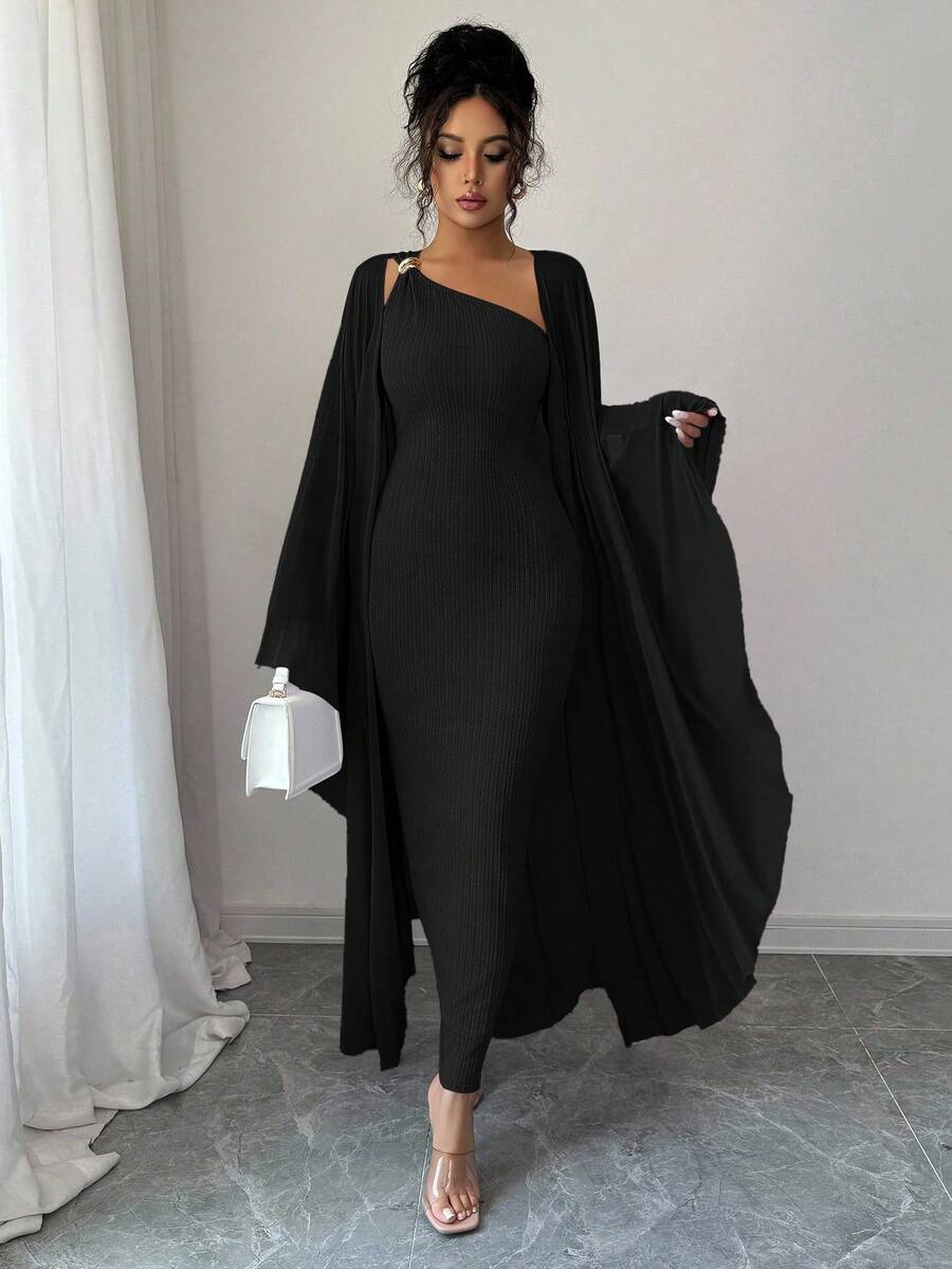 SHEIN Elenzga طقم فستان اسود وكاب جاكارد بأزرار معدنية
