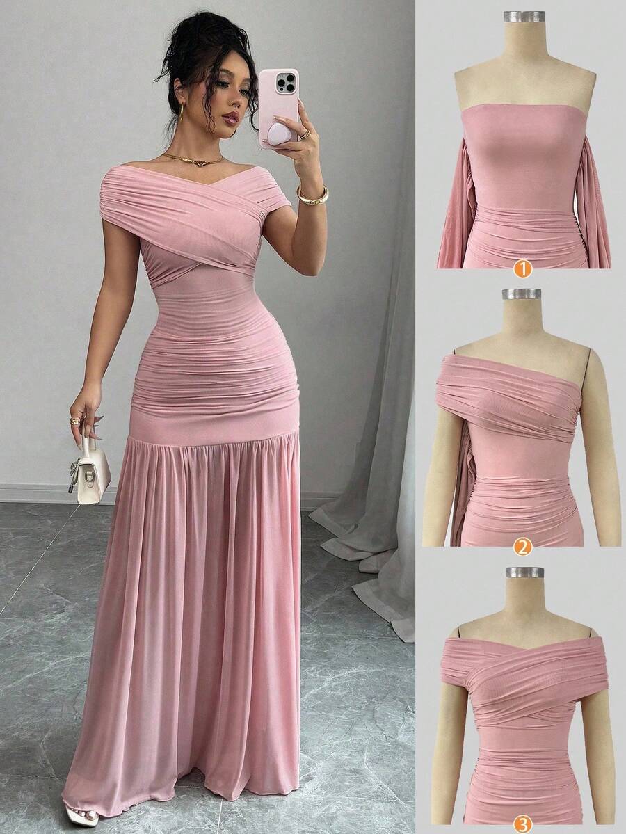 SHEIN Elenzga فستان وردي طويل مزخرف منسدل عن الكتف