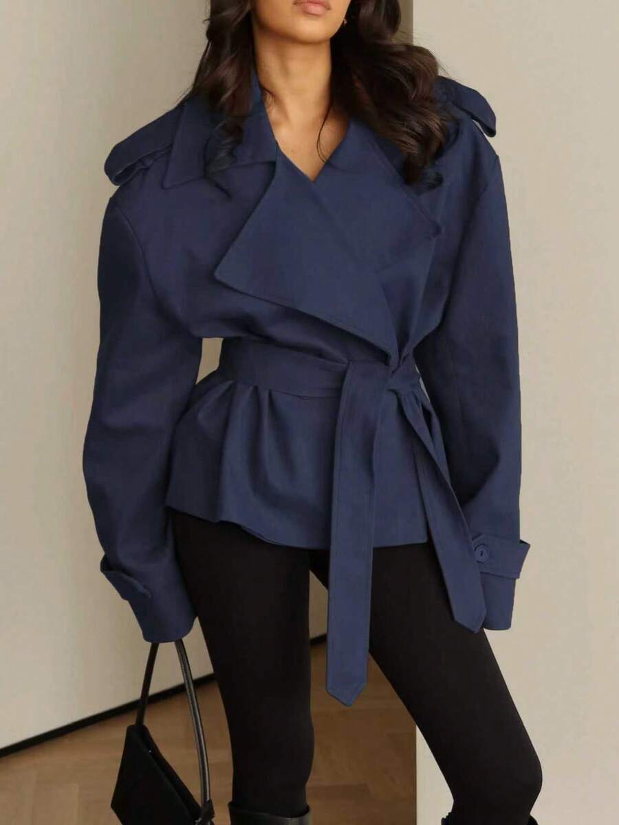 SHEIN معطف نسائي بلون أزرق داكن بأكمام طويلة وربطة خصر وياقة مائلة