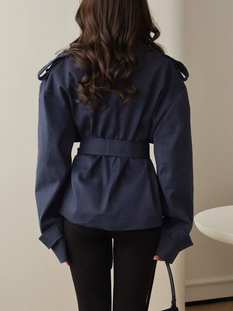 SHEIN معطف نسائي بلون أزرق داكن بأكمام طويلة وربطة خصر وياقة مائلة