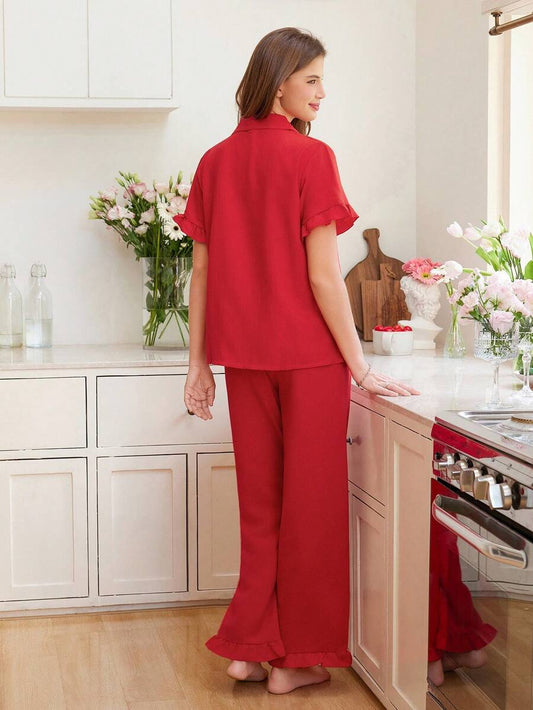 SHEIN Snug Reverie طقم بيجاما 2 قطعة حمراء مريح وأنيق