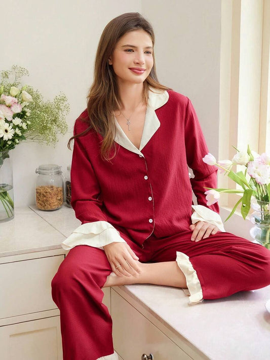 SHEIN Snug Reverie بيجامة بياقة مكشكشة وأزرار أمامية