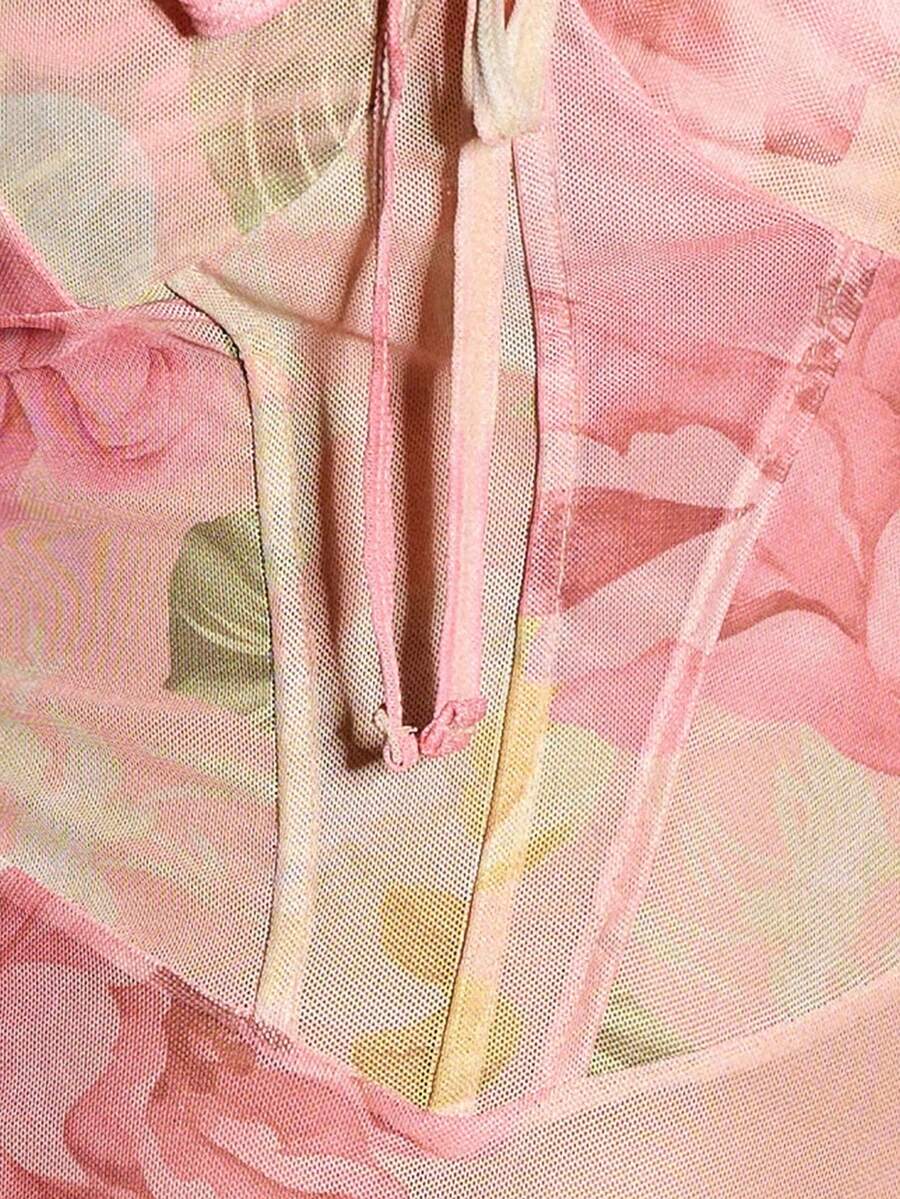 SHEIN Slumberist قميص نوم بطبعة زهرية وتطريز كشكش على الشبكة