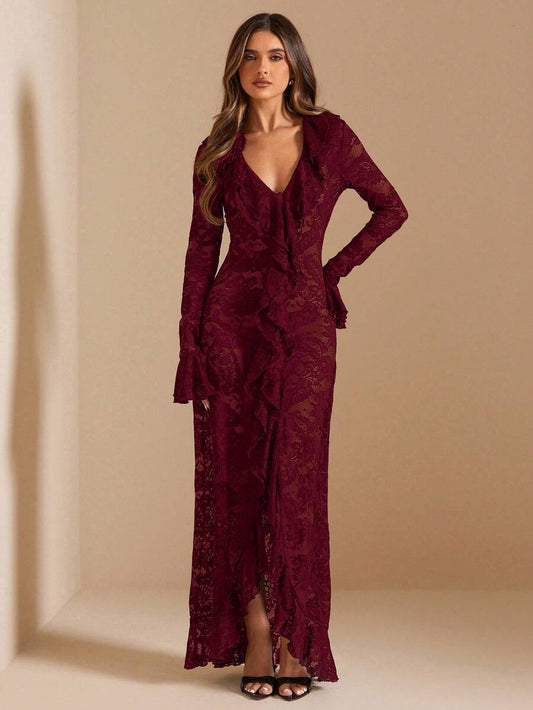 SHEIN BAE فستان عنابي بأكمام طويلة وياقة عميقة مع كشكشة