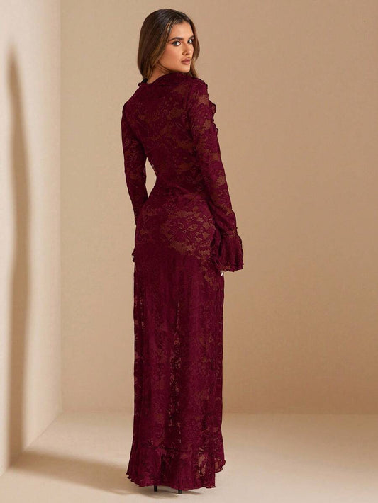 SHEIN BAE فستان عنابي بأكمام طويلة وياقة عميقة مع كشكشة