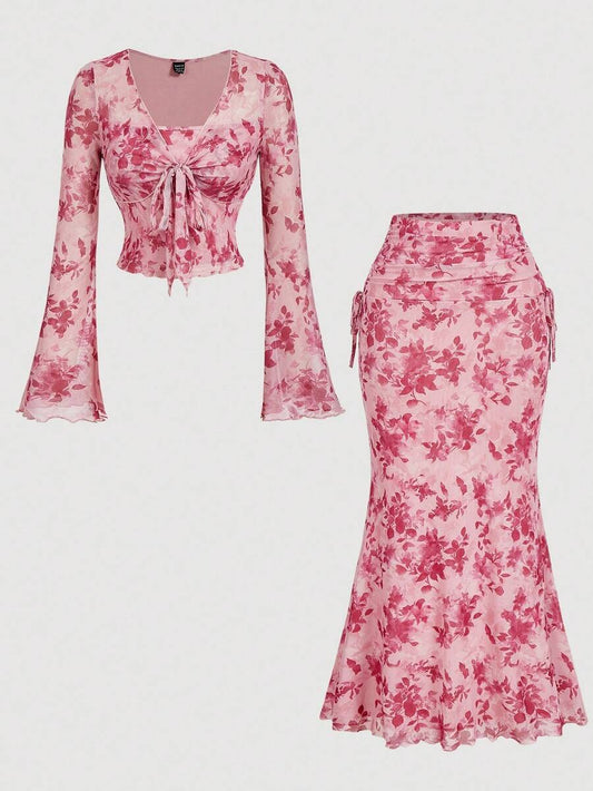SHEIN MOD طقم توب بأكمام طويلة وتنورة ضيقة كاجوال