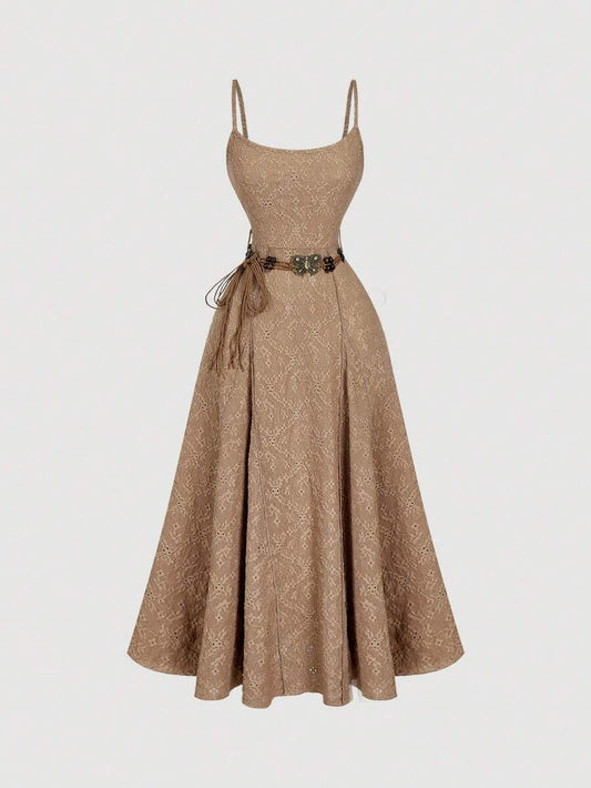 SHEIN MOD فستان بني طويل مع حزام  بأسلوب بوهو وكاجوال