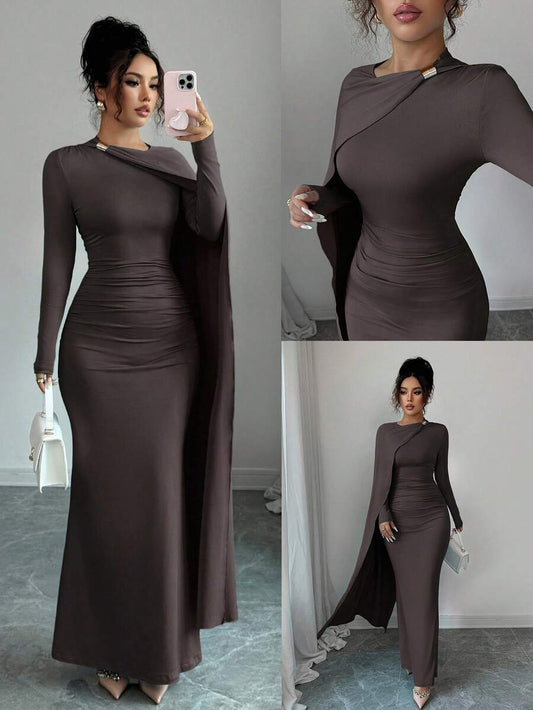 SHEIN Elenzga فستان بني طويل بخصر ملفوف ومطوي