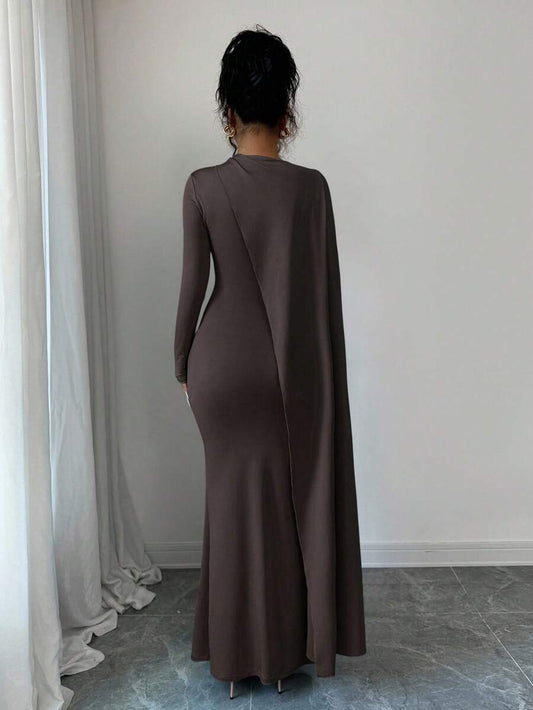 SHEIN Elenzga فستان بني طويل بخصر ملفوف ومطوي