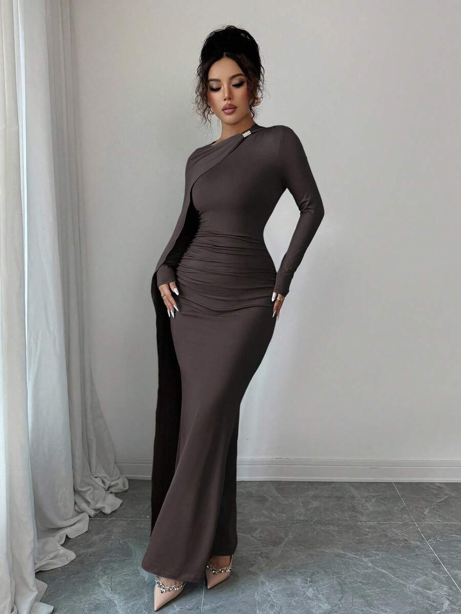 SHEIN Elenzga فستان بني طويل بخصر ملفوف ومطوي