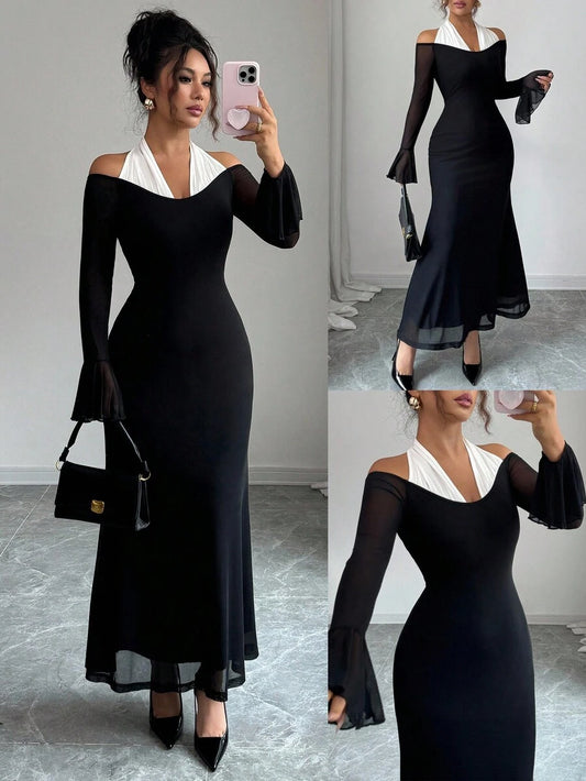 SHEIN Elenzga فستان اسود بياقة حلقية وأكمام واسعة
