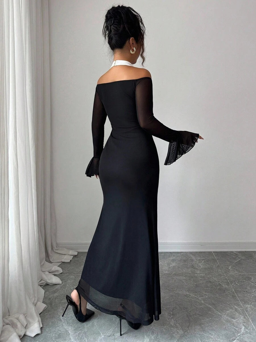 SHEIN Elenzga فستان اسود بياقة حلقية وأكمام واسعة