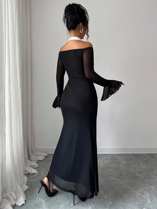 SHEIN Elenzga فستان اسود بياقة حلقية وأكمام واسعة