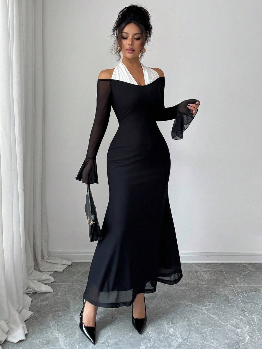SHEIN Elenzga فستان اسود بياقة حلقية وأكمام واسعة