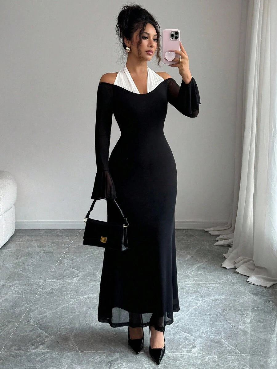 SHEIN Elenzga فستان اسود بياقة حلقية وأكمام واسعة