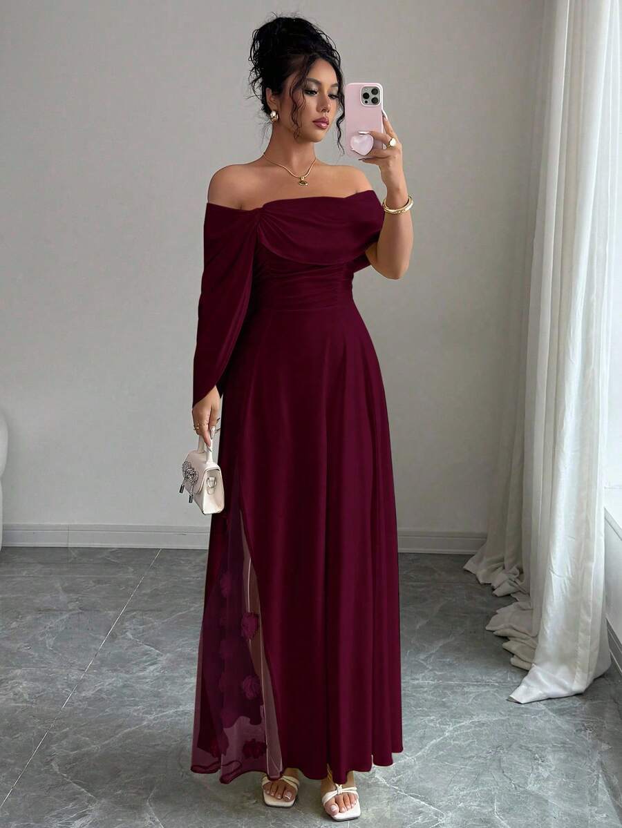 SHEIN Elenzga فستان ماكسي عنابي مزين بزهور عند الخصر