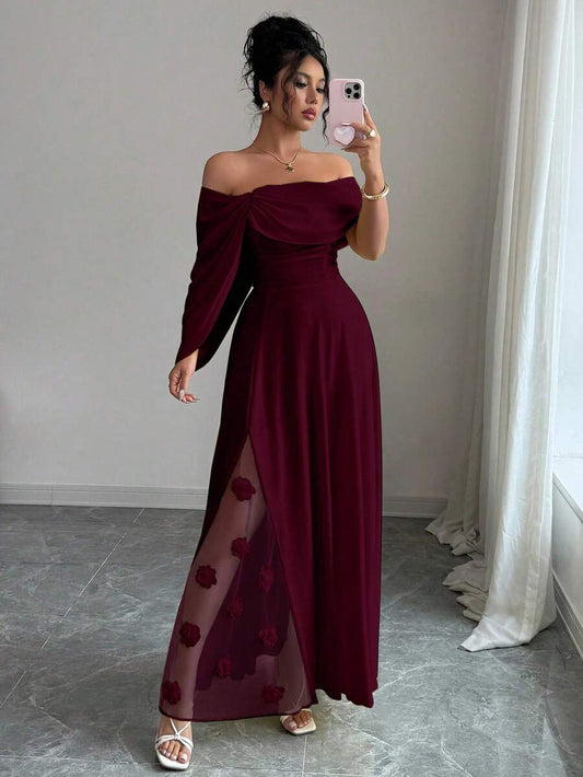 SHEIN Elenzga فستان ماكسي عنابي مزين بزهور عند الخصر