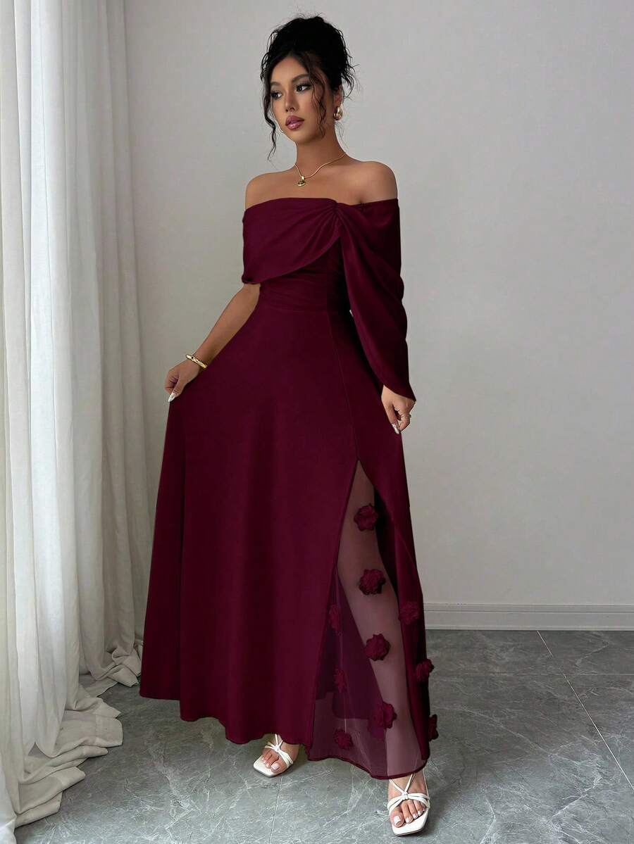 SHEIN Elenzga فستان ماكسي عنابي مزين بزهور عند الخصر