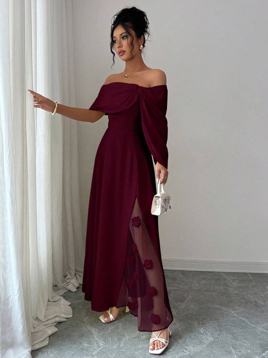 SHEIN Elenzga فستان ماكسي عنابي مزين بزهور عند الخصر