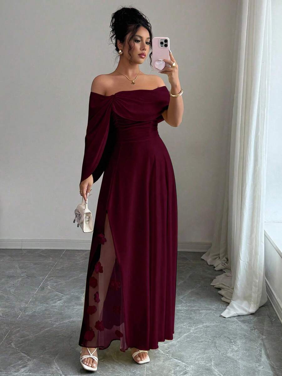 SHEIN Elenzga فستان ماكسي عنابي مزين بزهور عند الخصر