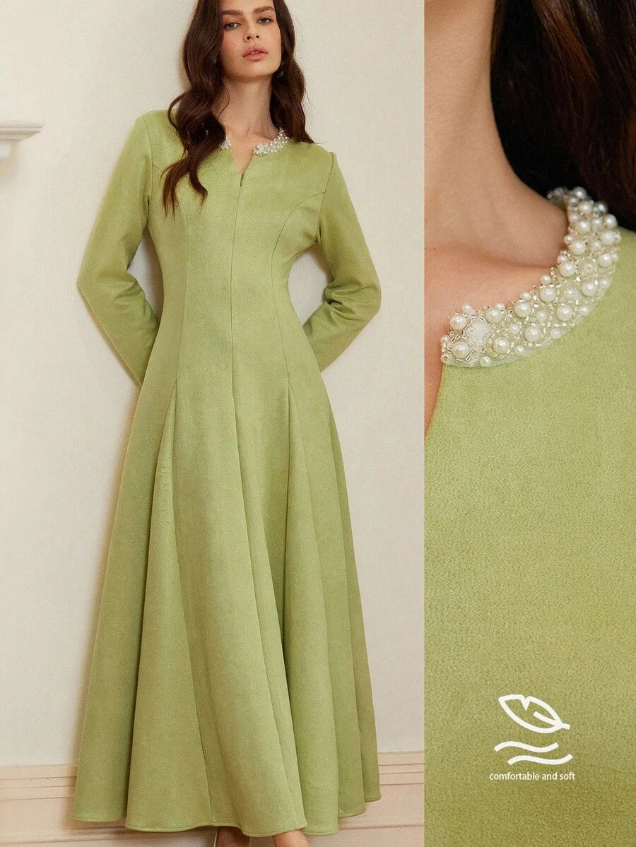 SHEIN Aveloria Rosie فستان مخملي أخضر بأكمام طويلة مربوط الخصر