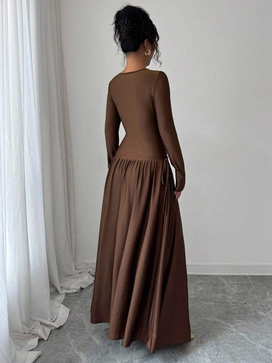 SHEIN Elenzga فستان بني طويل بتصميم طوق مائل