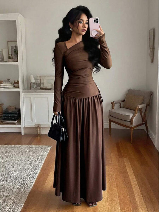 SHEIN Elenzga فستان بني طويل بتصميم طوق مائل