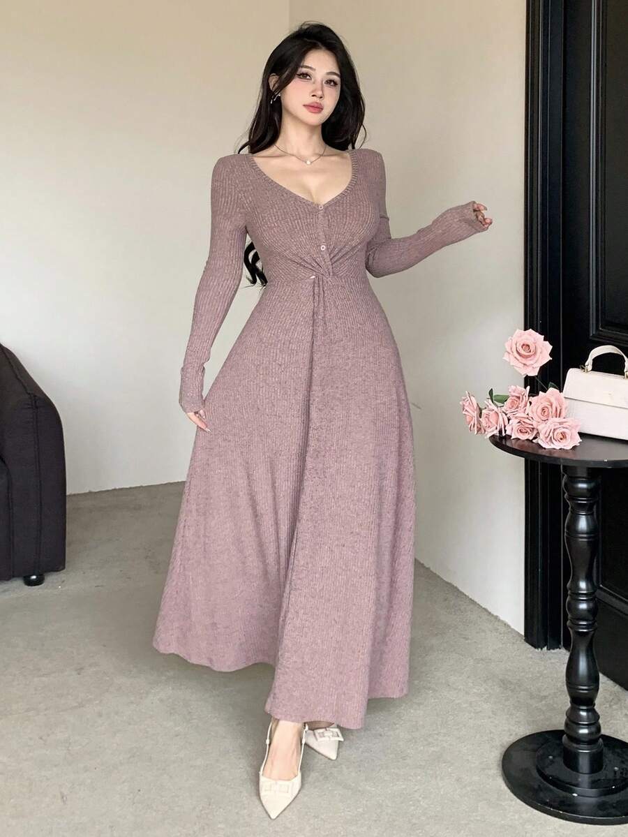 SHEIN DAZY فستان وردي متوسط الطول وتصميم ملتوي