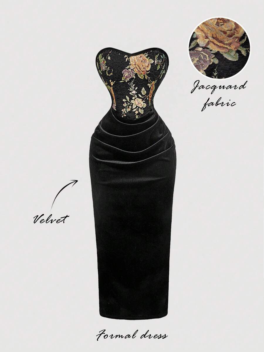 SHEIN MOD فستان أنبوبي أسود مزخرف بالأزهار