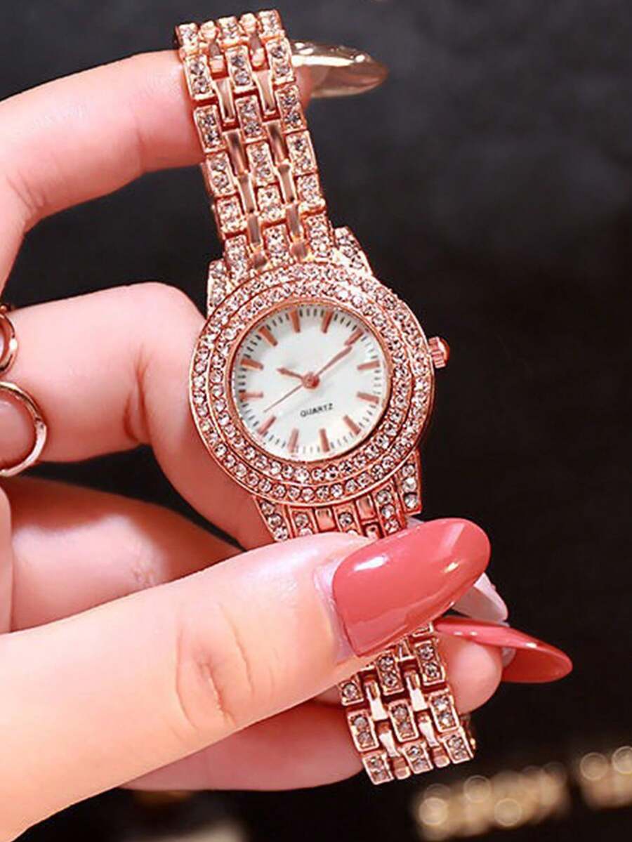 SHEIN ساعة نسائية زهر ذهبي فاخرة مرصعة بالماس والراين