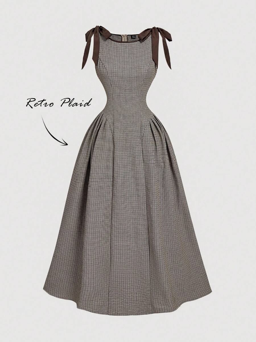 SHEIN MOD فستان كاروهات بياقة مستديرة بلا أكمام وفيونكة على الخصر