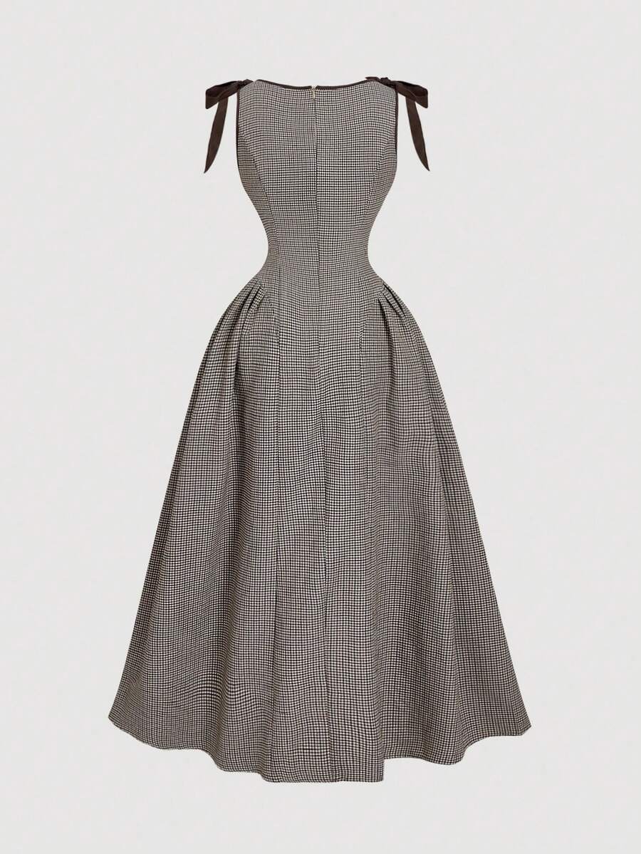 SHEIN MOD فستان كاروهات بياقة مستديرة بلا أكمام وفيونكة على الخصر